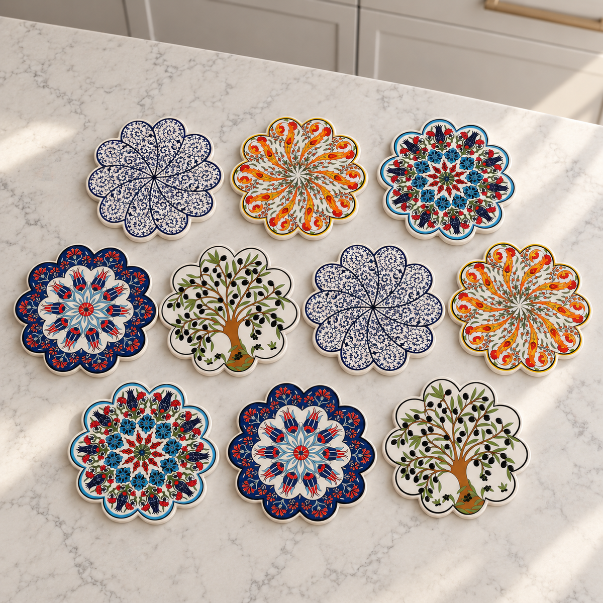 Ten Turkish ceramic trivets on pale marble, two each of the five mixed designs