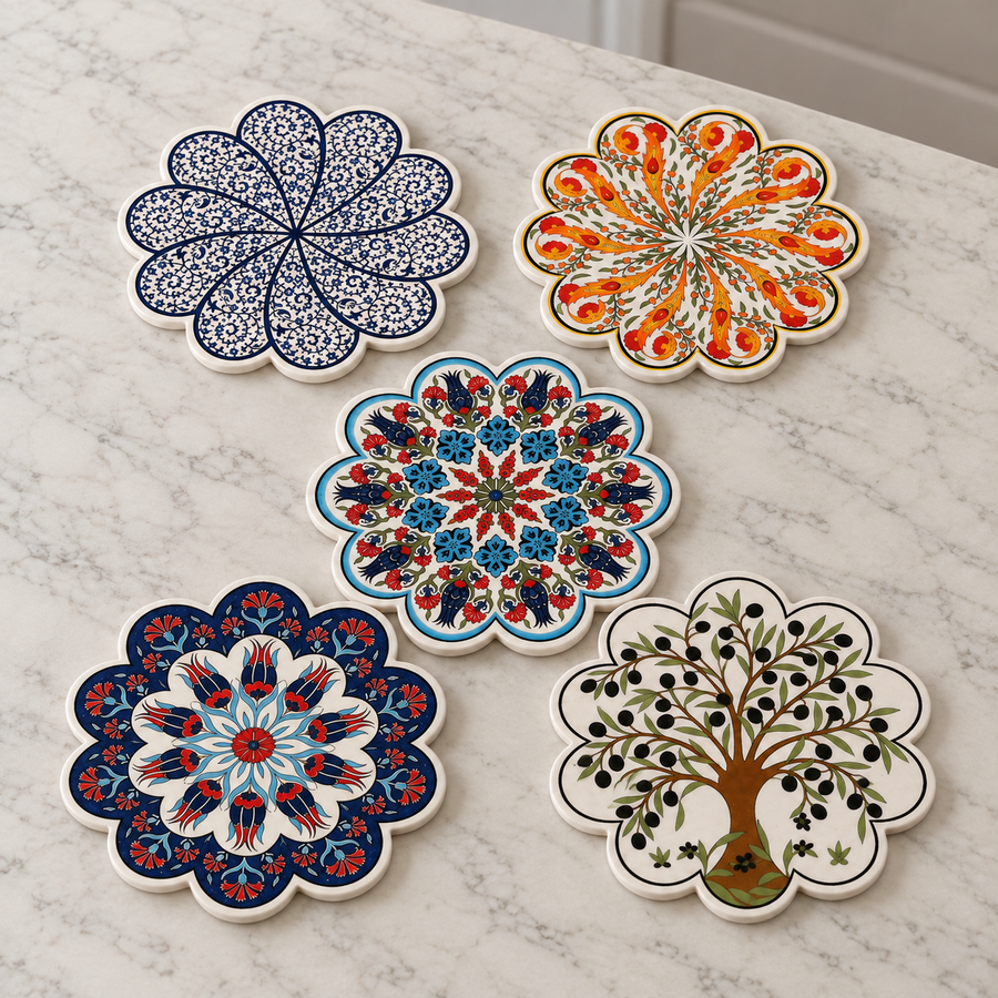 Five Turkish ceramic trivets, one each of White-Blue, Orange, Blue-White-Red, Navy and Olive Tree, arranged on pale marble