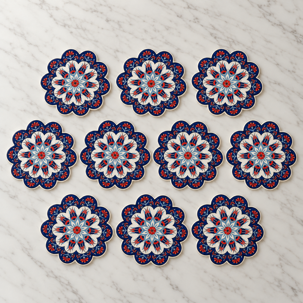 Ten matching Navy Turkish ceramic trivets arranged on pale marble