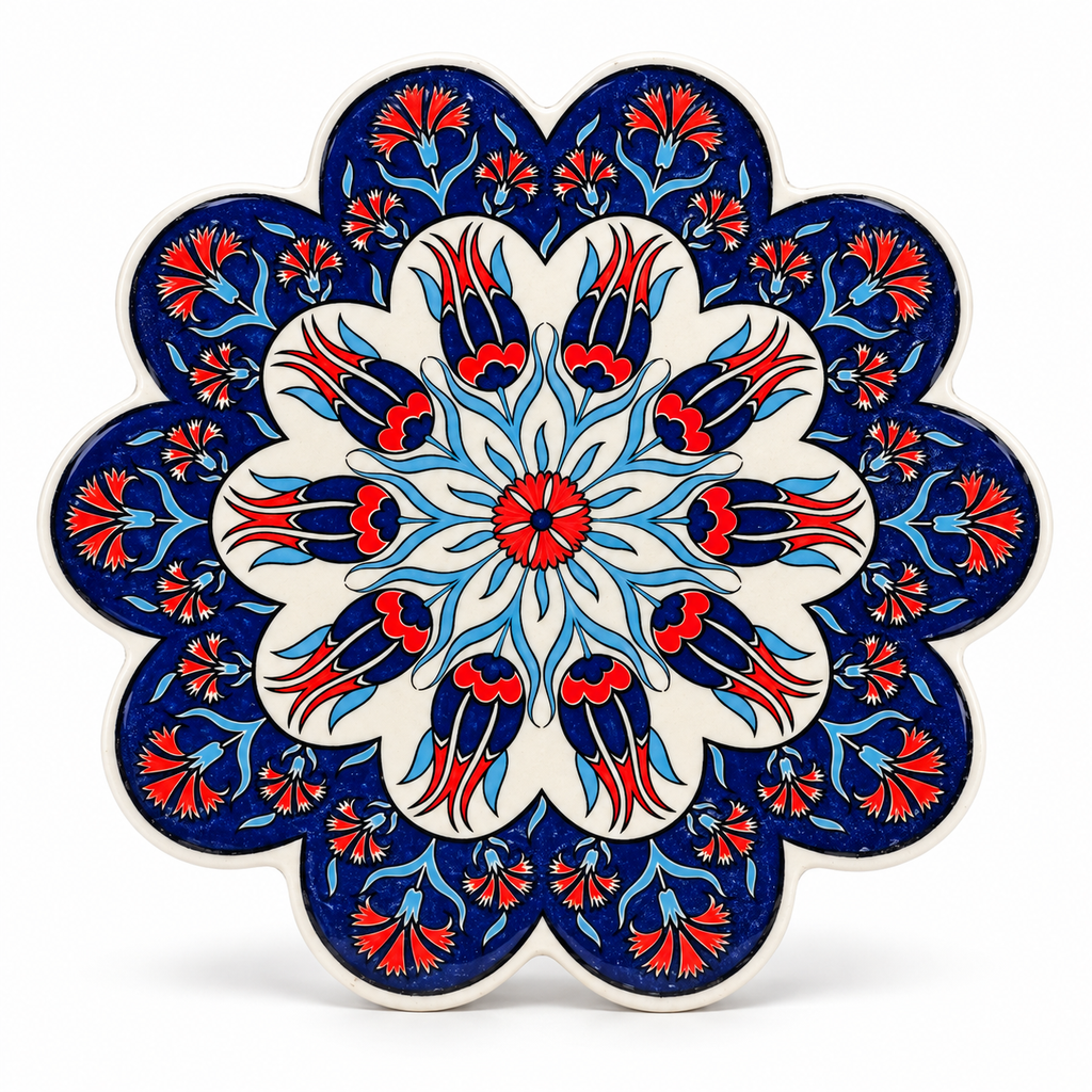 Navy Turkish ceramic trivet on a white background, showing the design for matching packs of 5 or 10