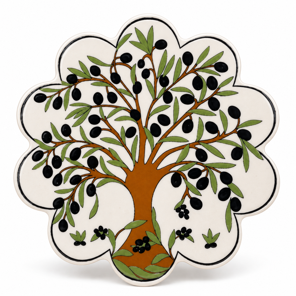 Olive Tree Turkish ceramic trivet on a white background, showing the design for matching packs of 5 or 10