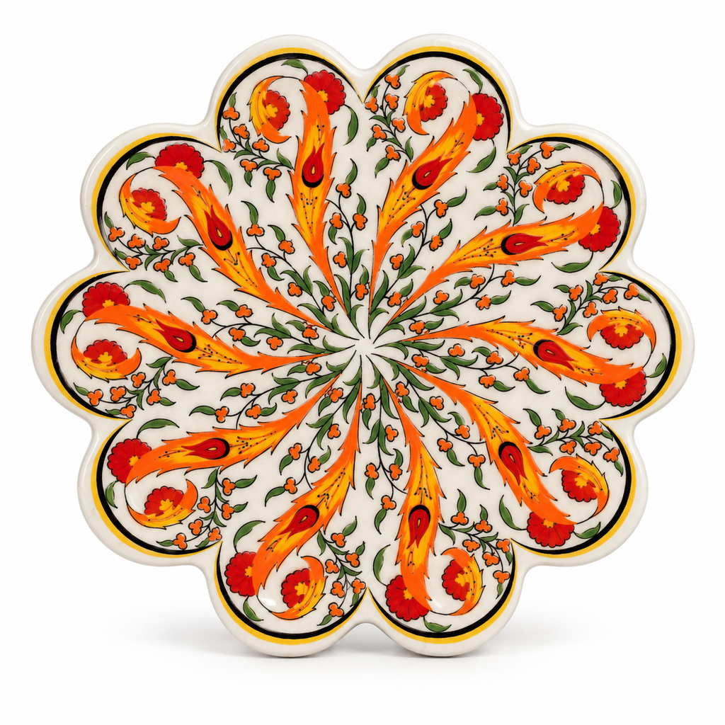 Orange Turkish ceramic trivet on a white background, showing the design for matching packs of 5 or 10