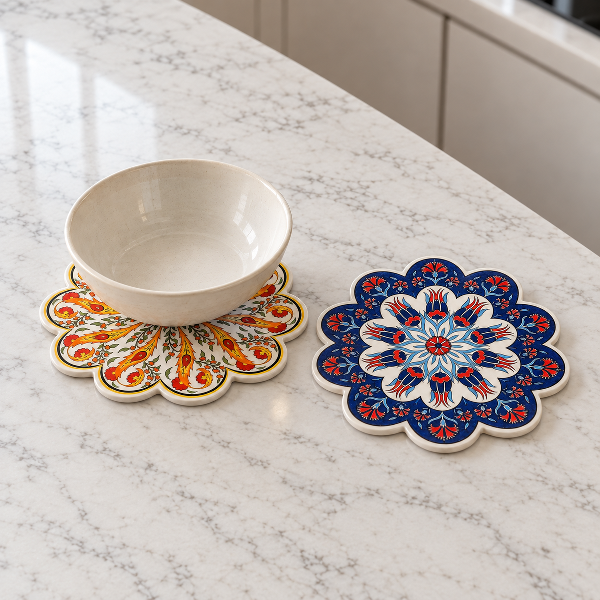 Orange ceramic trivet beneath a cream serving bowl beside a Navy trivet; bowl not included