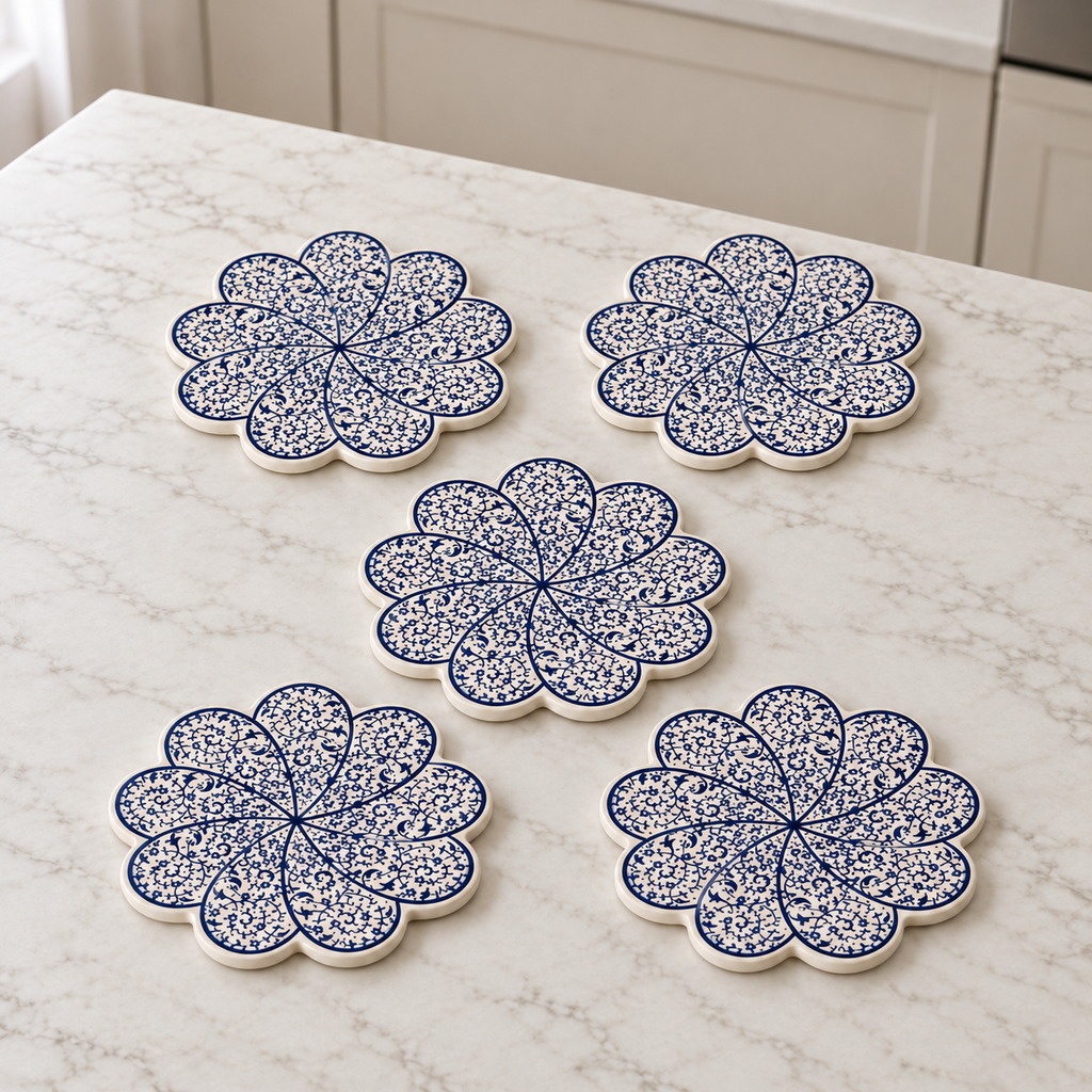 Five matching White-Blue Turkish ceramic trivets on a pale marble kitchen counter