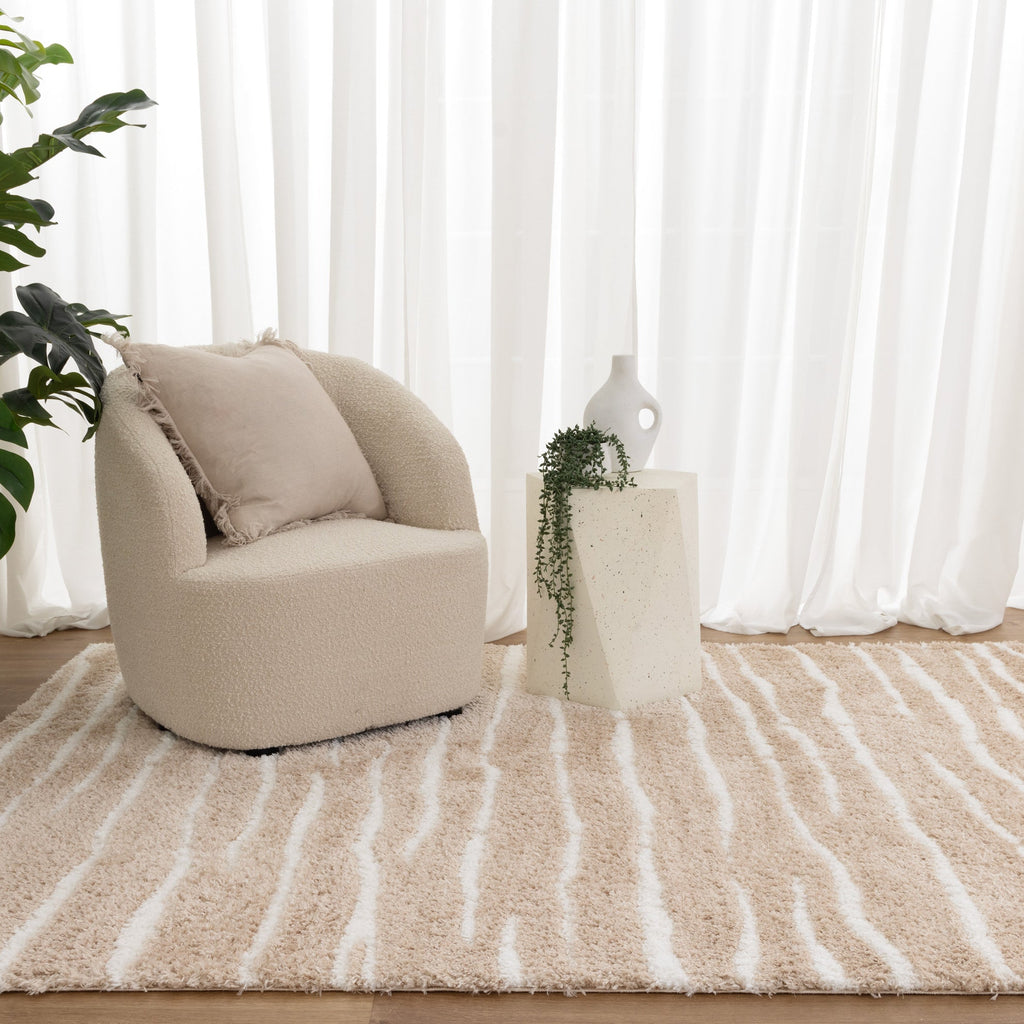 Castello Stripes Beige Shaggy Rug - MADRID01 — room or full rug view