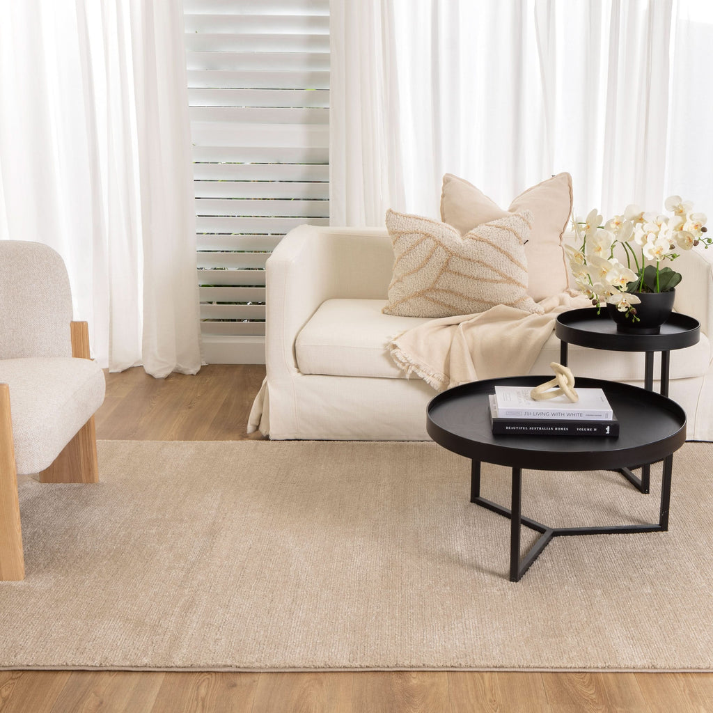 Serene Faded Lines Beige Rug N012 in a styled room