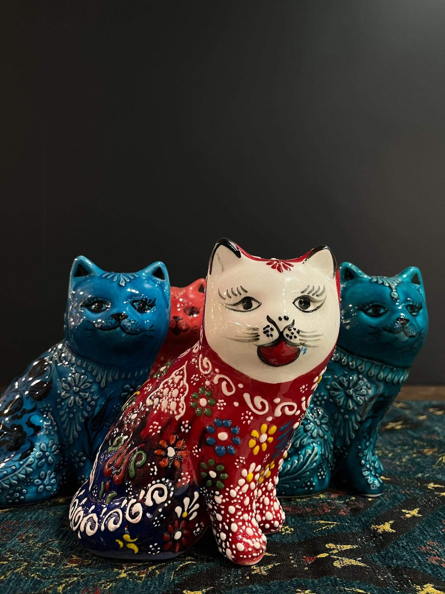 Handmade Ceramic Cats Handmade Ceramics Red-Blue  