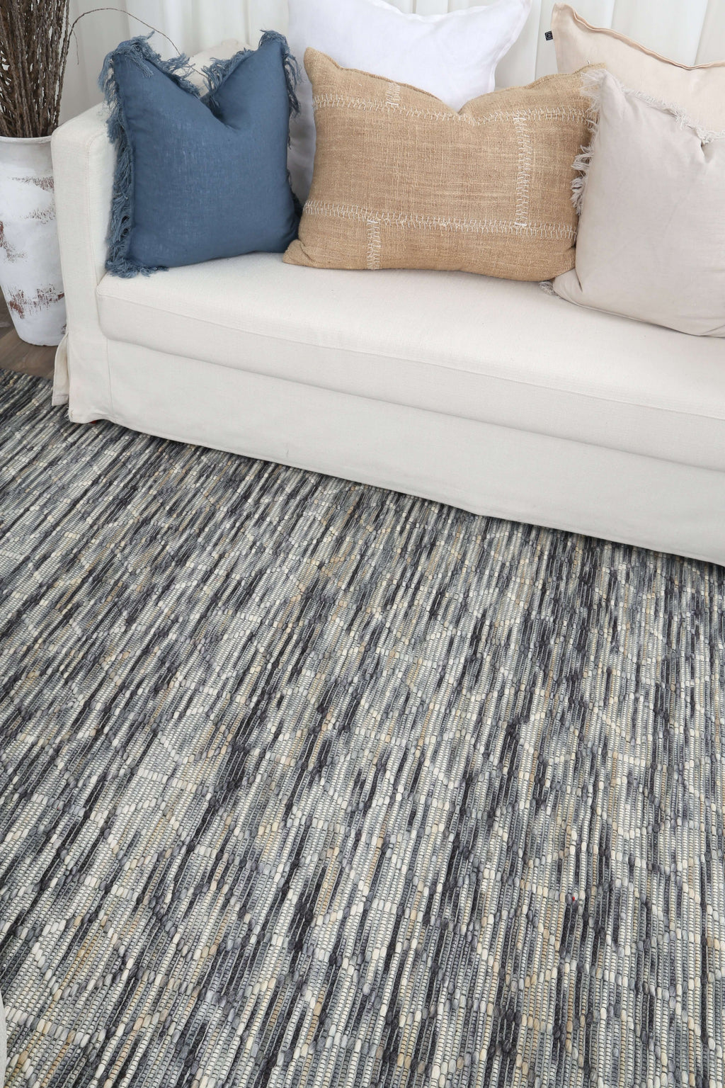 Copacabana Lattice Stone Wool Rug – styled room view
