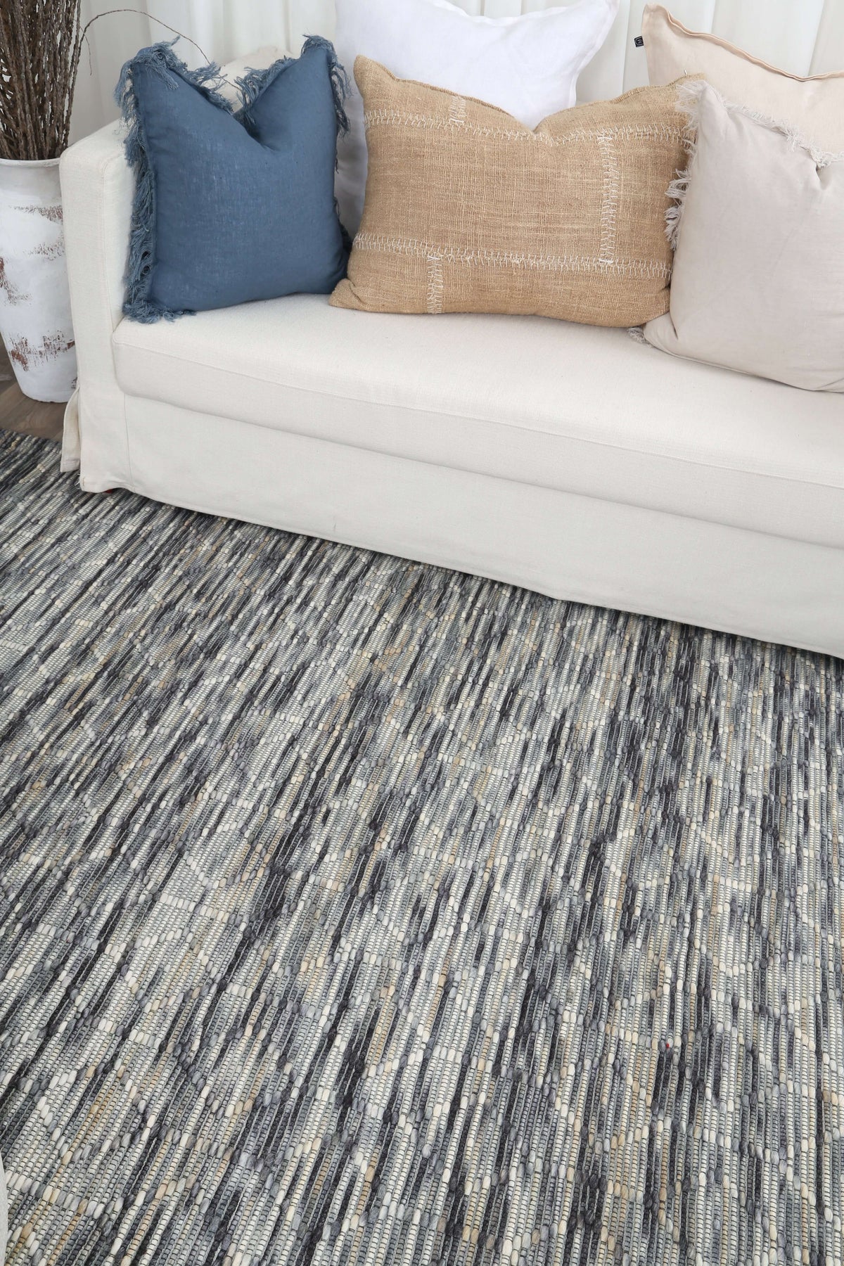 Copacabana Lattice Stone Wool Rug – styled room view