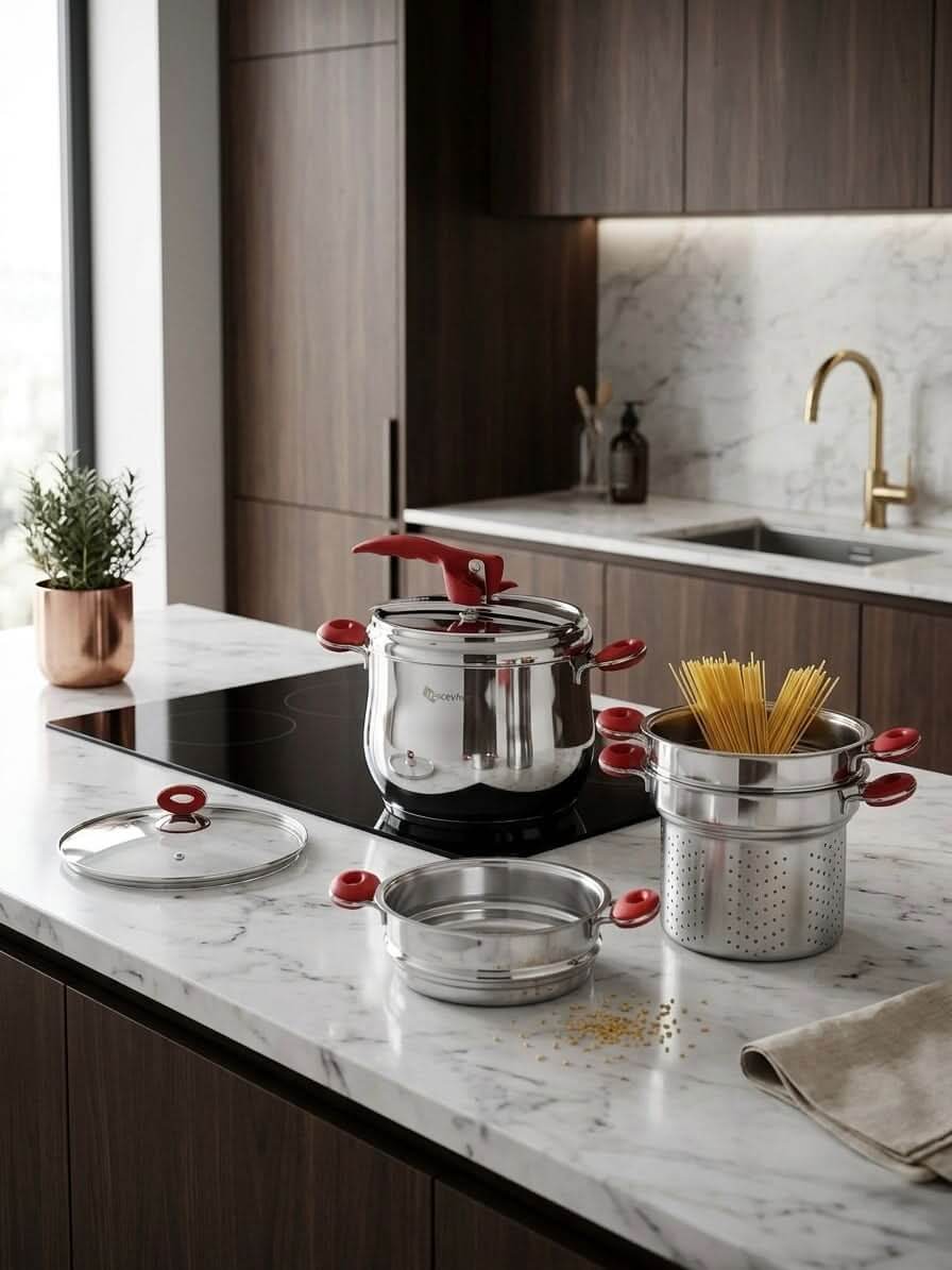 Hascevher Anemon Practica 7L premium stainless steel pressure cooker set displayed on a modern kitchen countertop.