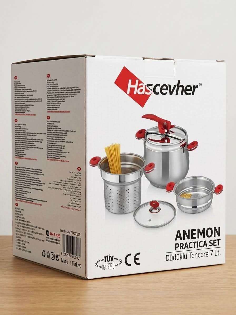 Hascevher Anemon Practica 7L Premium Stainless Steel Pressure Cooker Set packaging showcasing the multicooker features.
