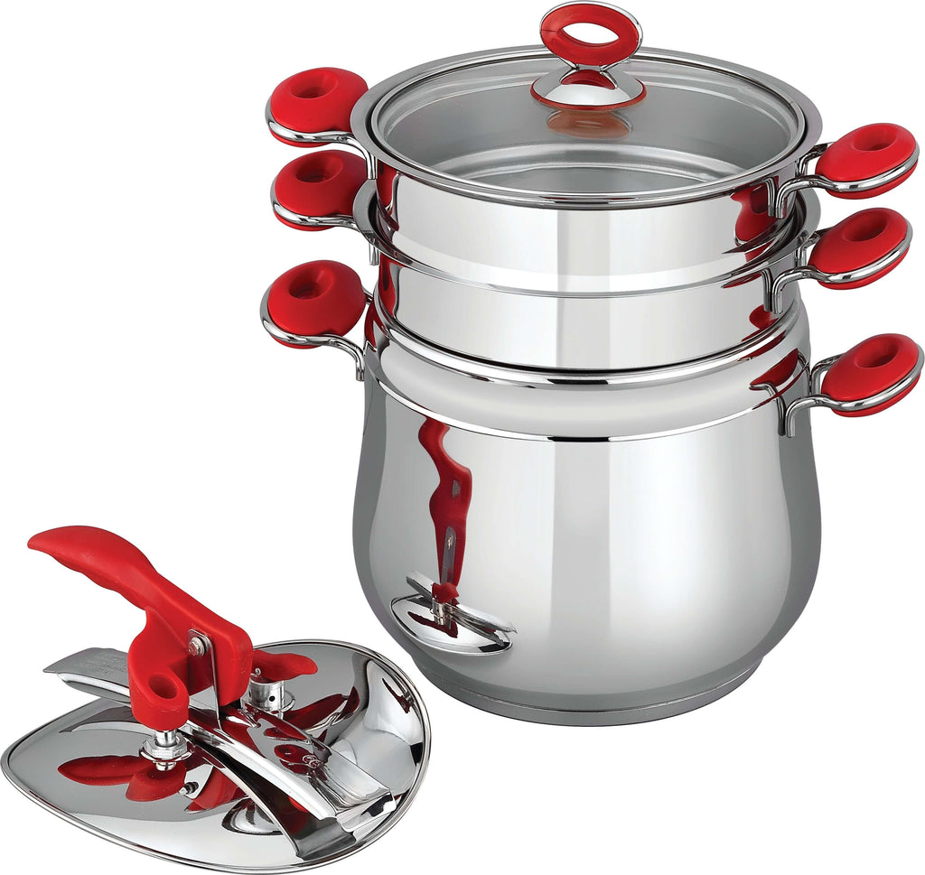Hascevher Anemon Practica 7L premium stainless steel pressure cooker set with red handles and lid.