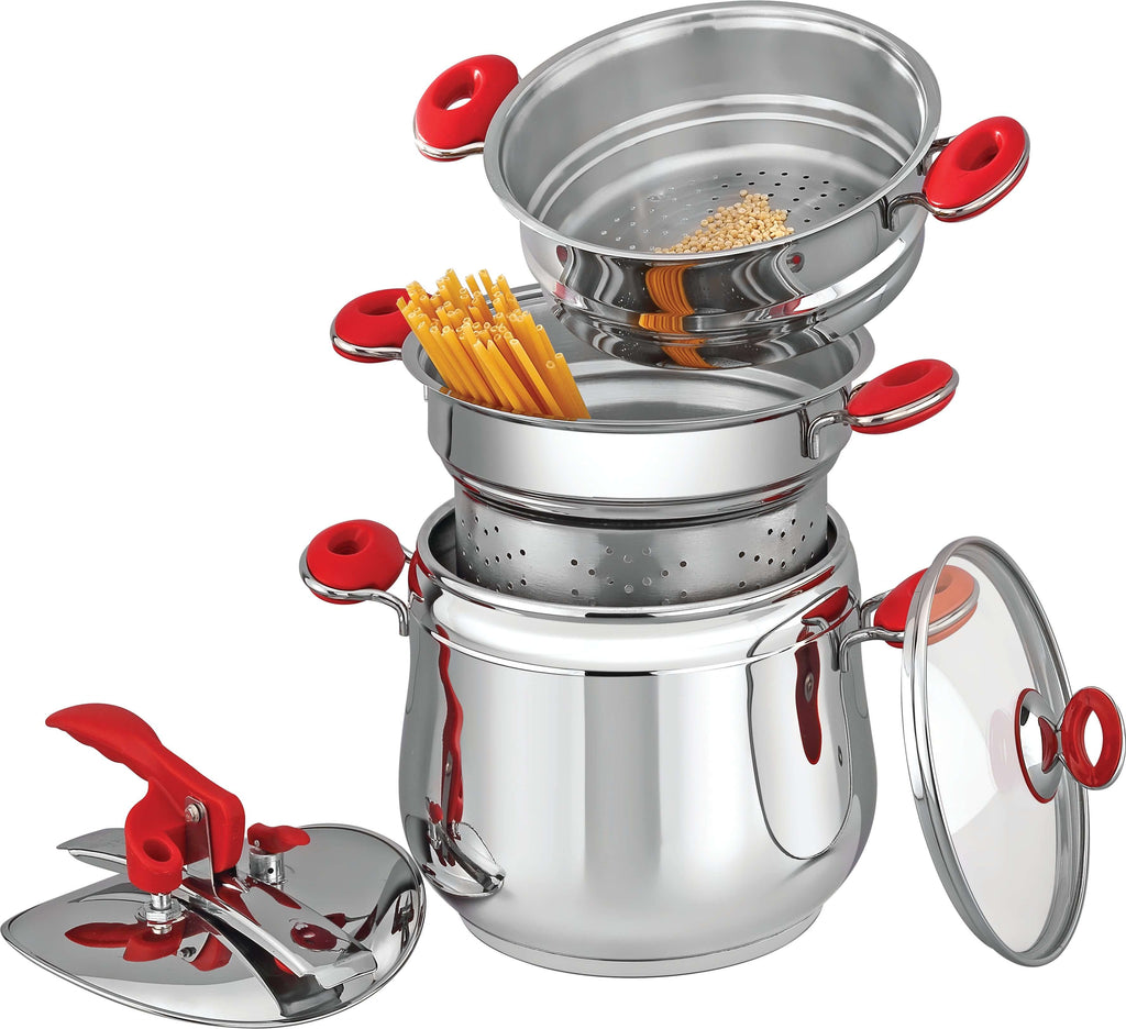 Hascevher Anemon Practica 7L premium stainless steel pressure cooker set with red handles and multi-tier design.