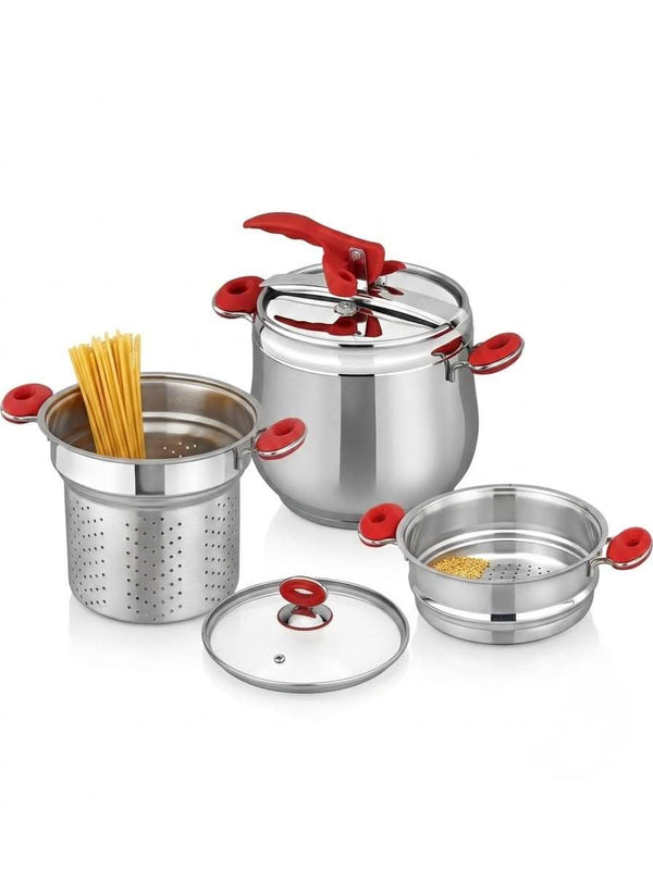 Hascevher Anemon Practica 7L premium stainless steel pressure cooker set with accessories for versatile cooking.