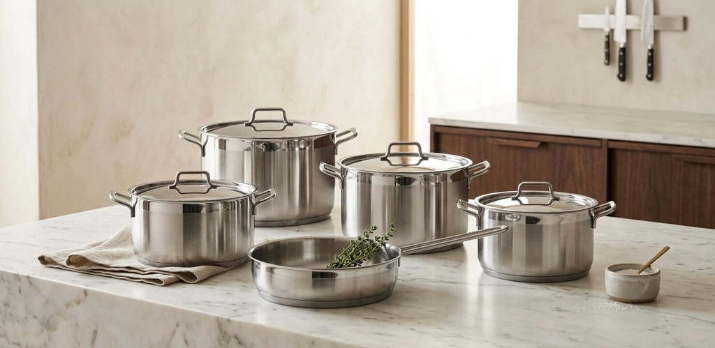Hascevher Anett 9-Piece Stainless Steel Cookware Set on a marble countertop, showcasing premium stainless steel cookware set.