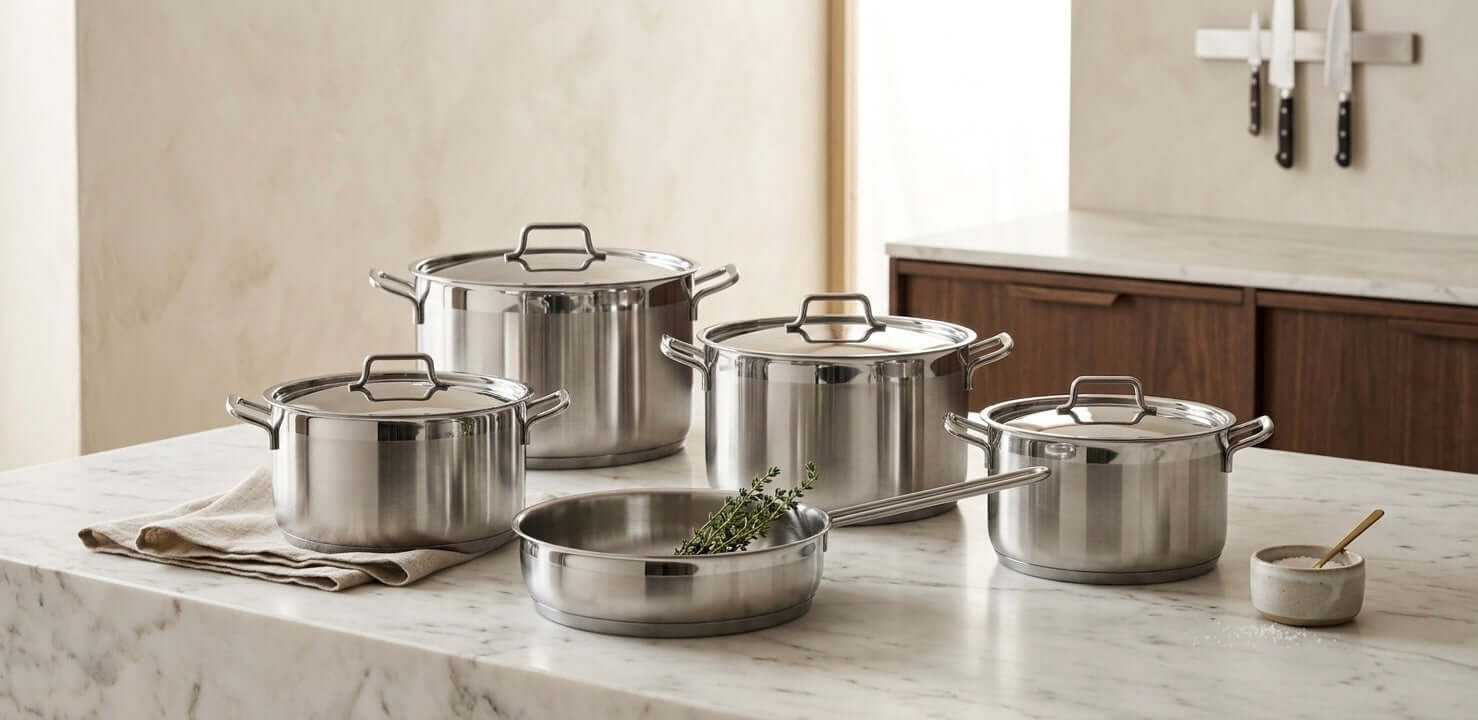 Hascevher Anett 9-Piece Stainless Steel Cookware Set on a marble countertop, showcasing premium stainless steel cookware set.