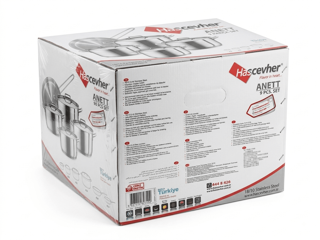 Hascevher Anett 9-Piece Stainless Steel Cookware Set packaging showcasing premium stainless steel cookware set details.