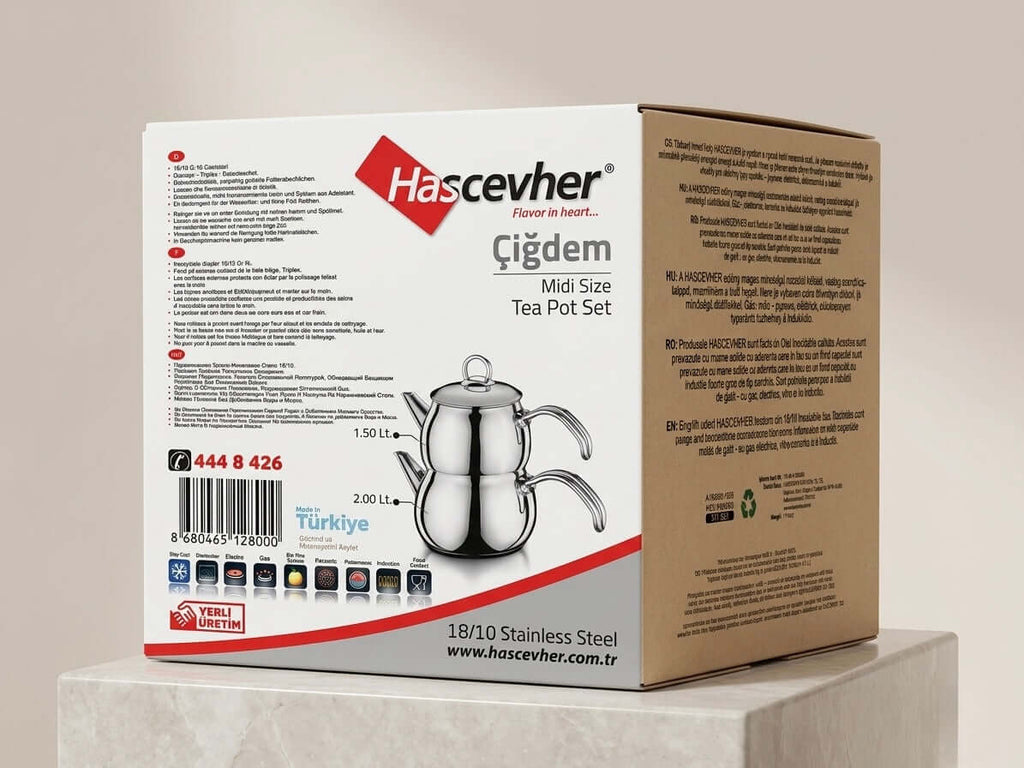 Hascevher Çiğdem stainless steel turkish tea pot set packaging with product details and features.