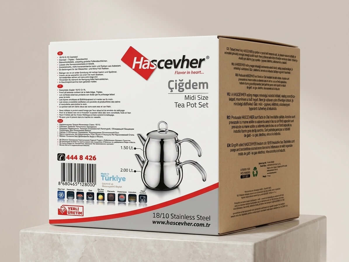 Hascevher Çiğdem stainless steel turkish tea pot set packaging with product details and features.