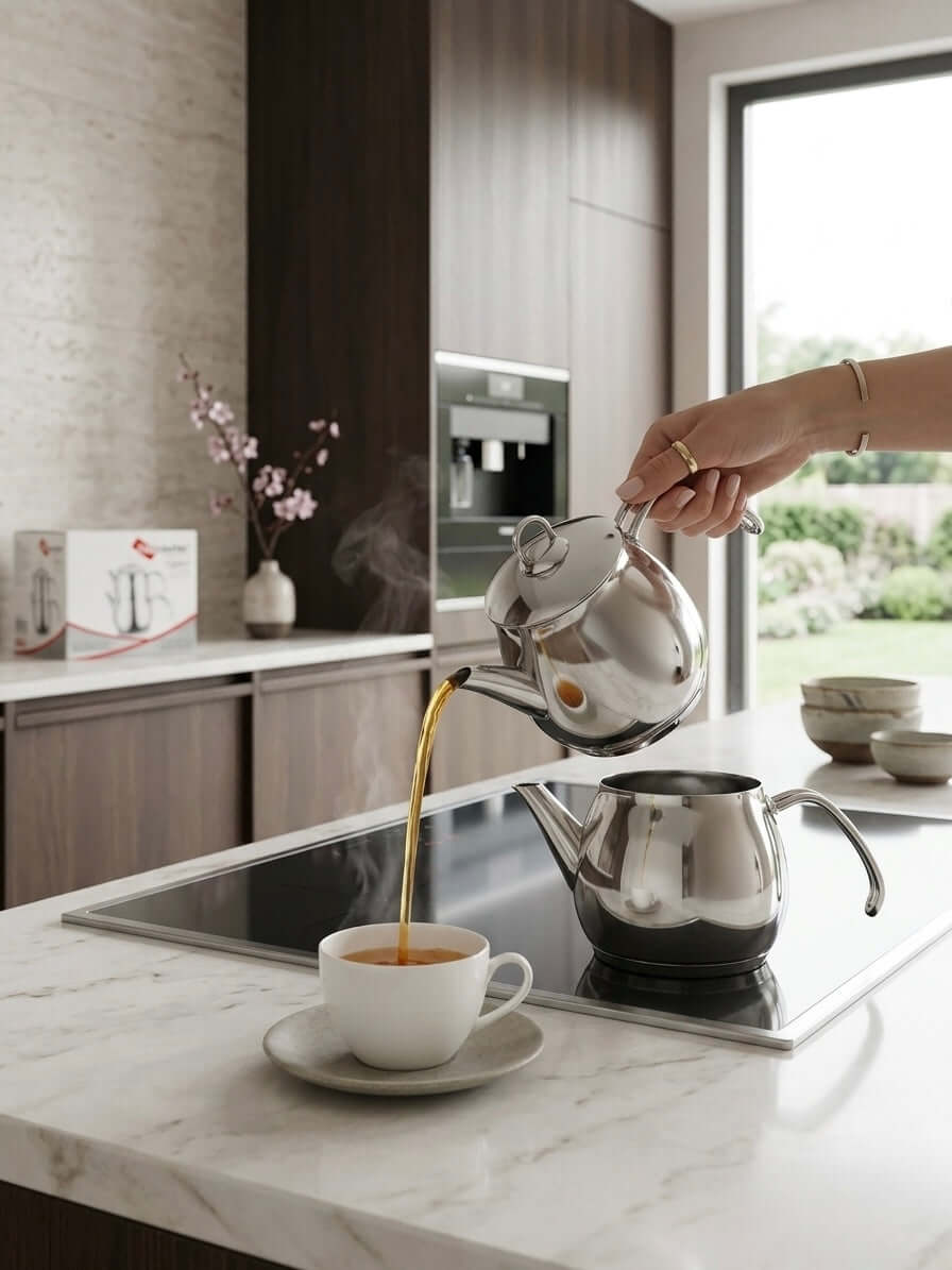 Pouring tea from Hascevher Çiğdem stainless steel turkish tea pot set into a white cup on a marble countertop.