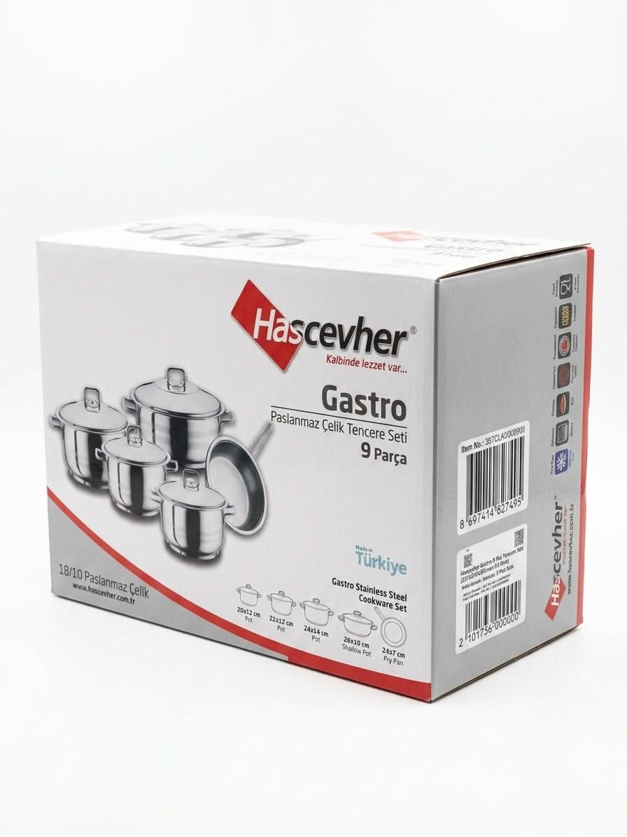 Hascevher Gastro 9-Piece Premium Stainless Steel Cookware Set packaging displaying sleek design and quality features.