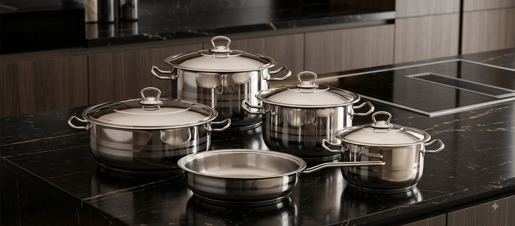 Hascevher Gastro 9-Piece Premium Stainless Steel Cookware Set on a sleek kitchen counter.
