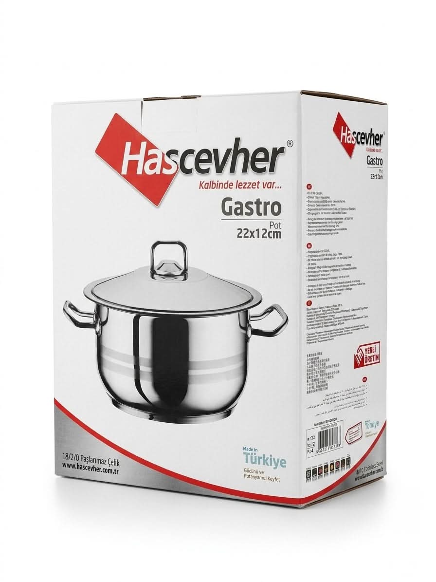 Hascevher Gastro Stainless Steel Cooking Pot 22x12cm in packaging, ideal for modern kitchens.
