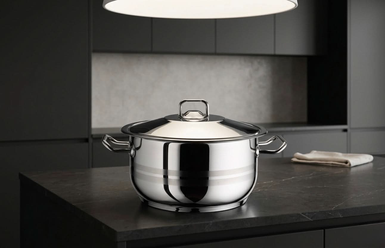 Hascevher Gastro stainless steel cooking pot 22x12cm on a modern kitchen counter.