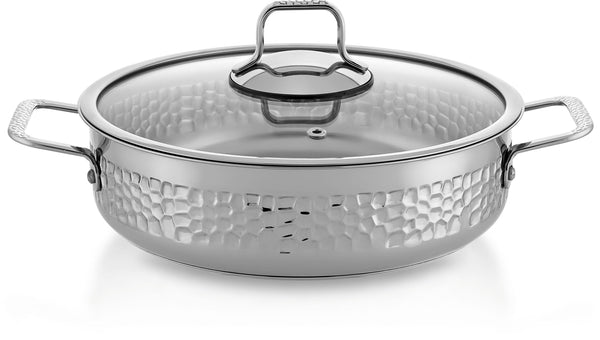 Hascevher Serra 18/10 stainless steel shallow pot with glass lid, elegant design, premium cookware.