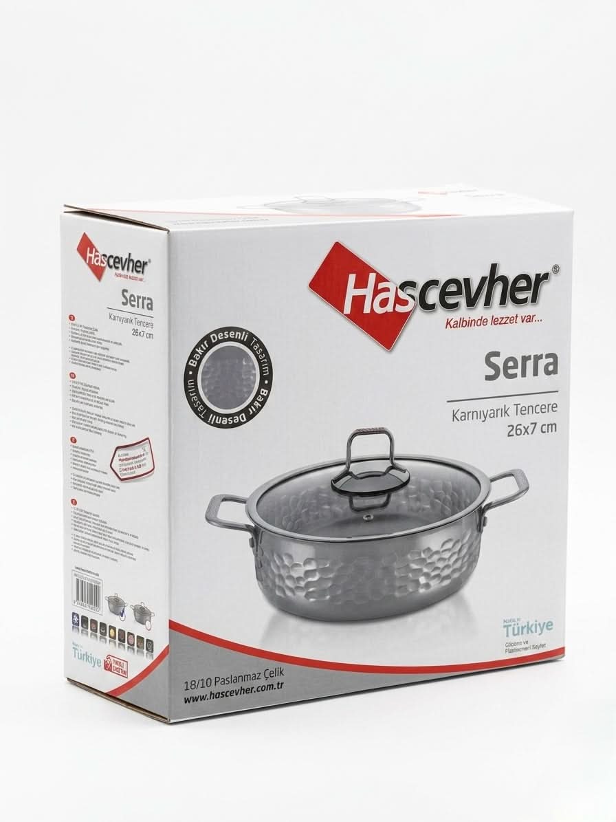 Hascevher Serra 18/10 stainless steel shallow pot with glass lid packaging showing 26x7 cm design.