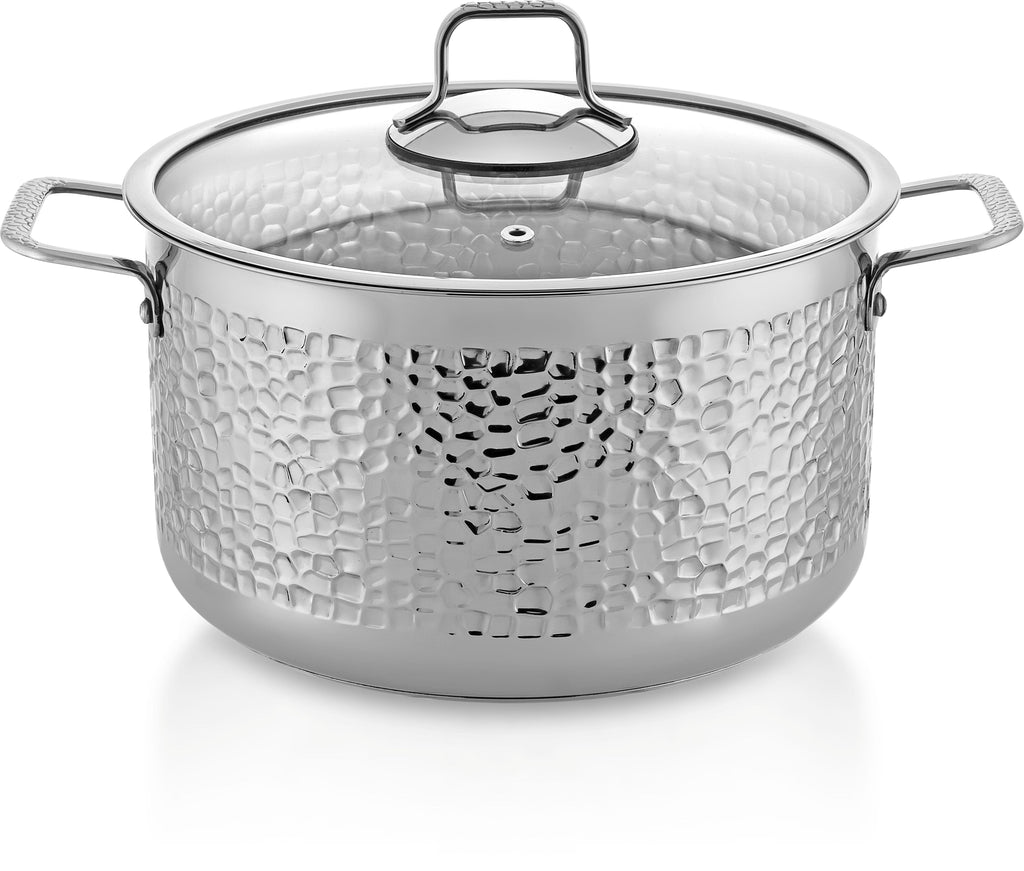 Hascevher Serra 24x14 cm hammered stainless steel cooking pot 6.5L with glass lid for gourmet cooking.