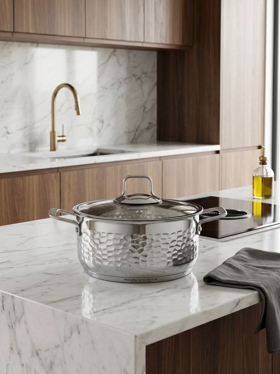 Hascevher Serra 24x14 cm hammered stainless steel cooking pot 6.5L on marble kitchen countertop.
