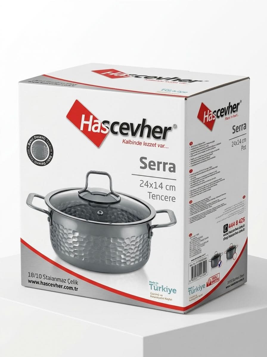 Hascevher Serra 24x14 cm Hammered Pot package showcasing 18/10 stainless steel cooking pot 6.5L.