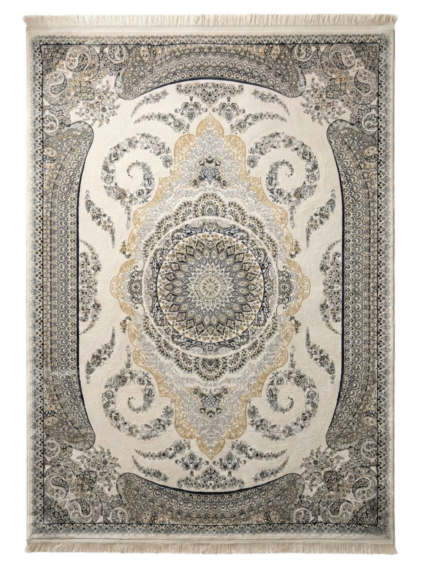 Isfahan Rug 200 x 290 cm showcasing intricate Persian design with central medallion in ivory, blue, and grey colors.