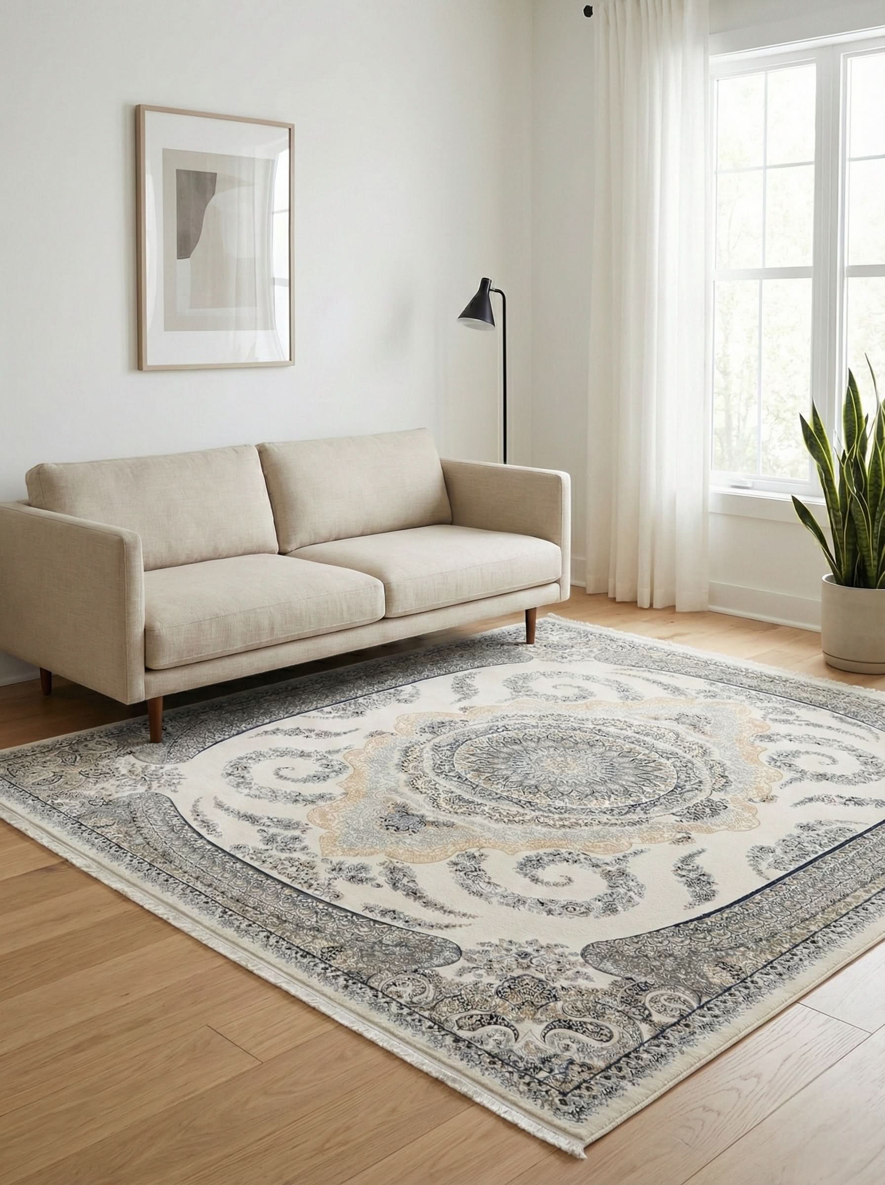 Isfahan Rug 200 x 290 cm showcasing Persian elegance in a modern living room with a sofa and natural light.