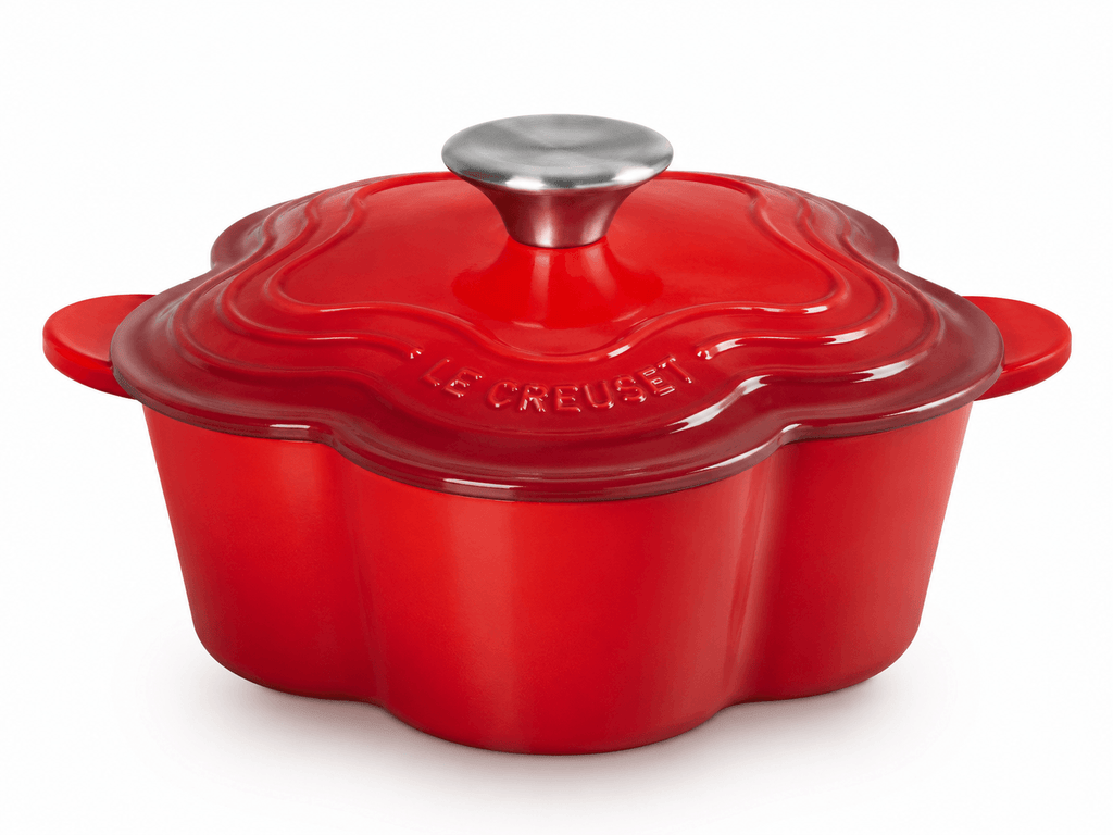 Le Creuset Flower Cocotte 20cm red - elegant cast iron casserole pot with a flower design.