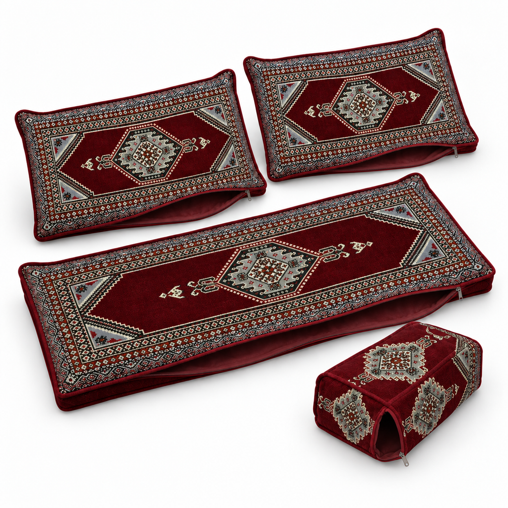 Maroon Palace Arabic sofa covers only – angled view of the four-piece empty cover set; no foam included