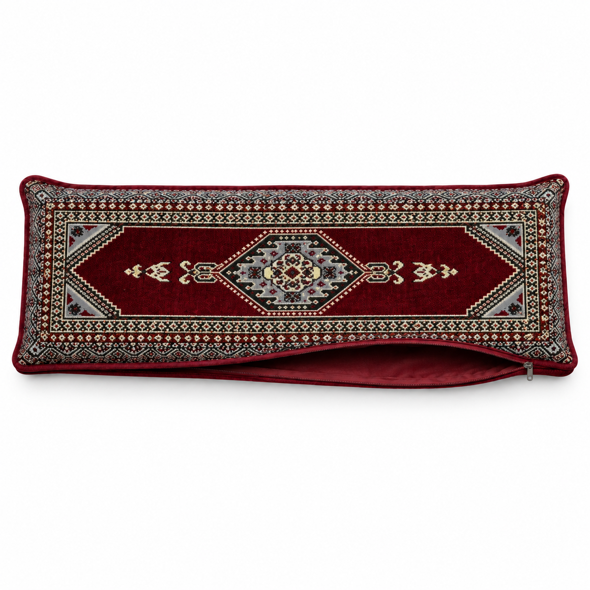 Maroon Palace Arabic sofa covers only – open zip showing the empty fabric interior; no foam included