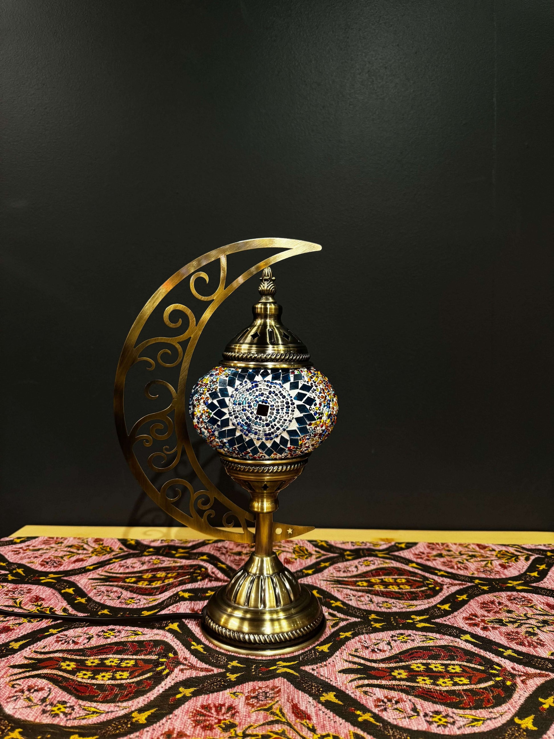 Sapphire & Ruby Turkish Mosaic Lamp - Crescent Moon EleganceAdd charm to your decor with the Turkish Mosaic Crescent Moon Lamp in vibrant sapphire blue and ruby red mosaics. Elegant 30cm x 25cm design. Shop now!