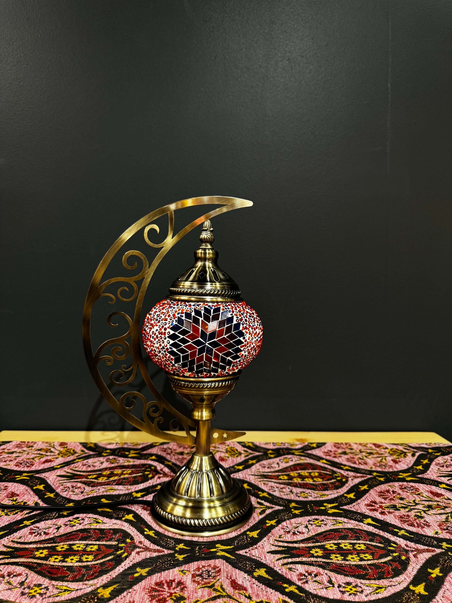 Crimson Star Turkish Mosaic Table Lamp with crescent moon stand, featuring vibrant star-shaped mosaic design.