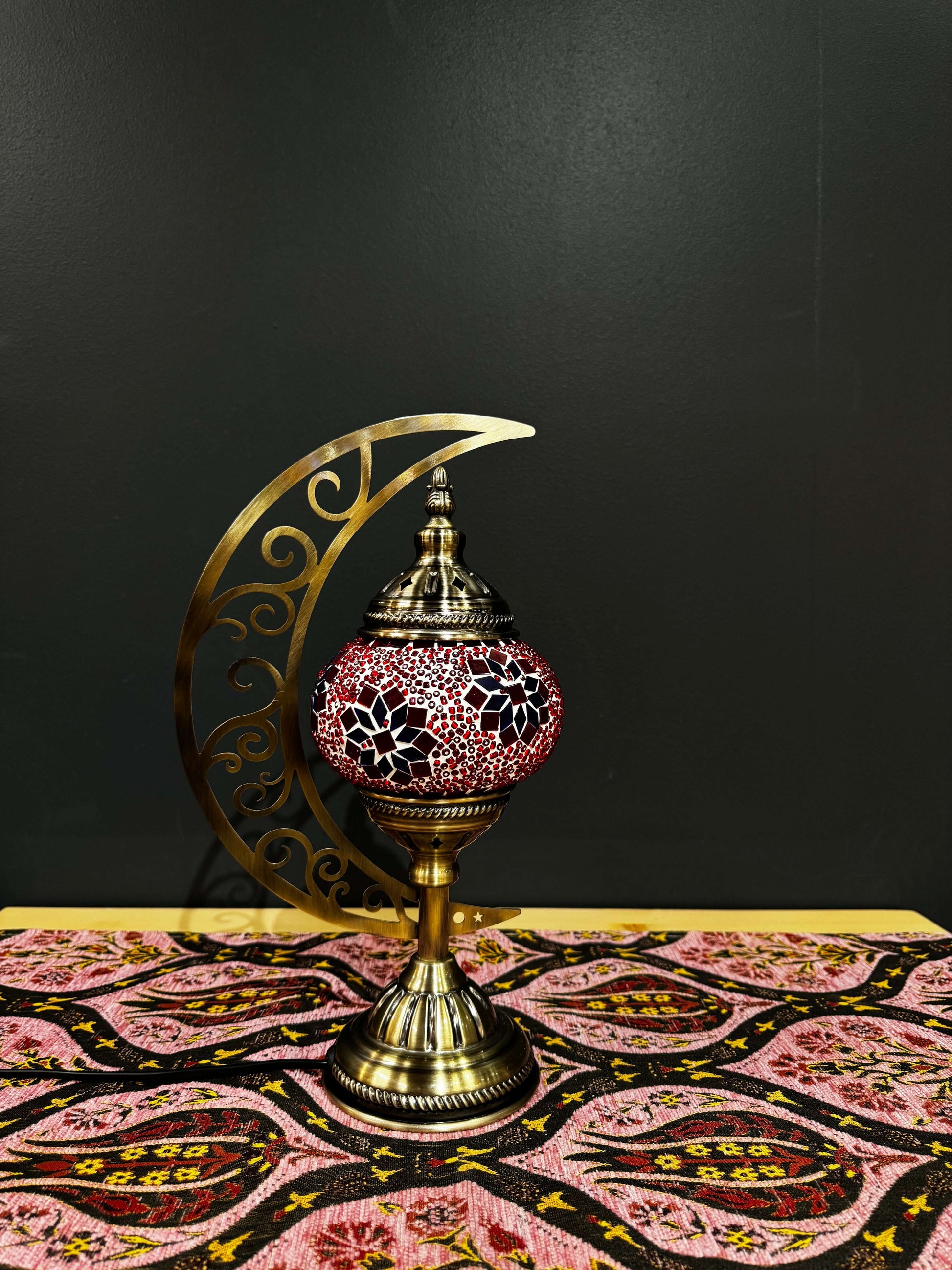 Crimson Bloom Turkish Mosaic Lamp with crescent moon stand and vibrant red floral mosaic, perfect for elegant lighting.