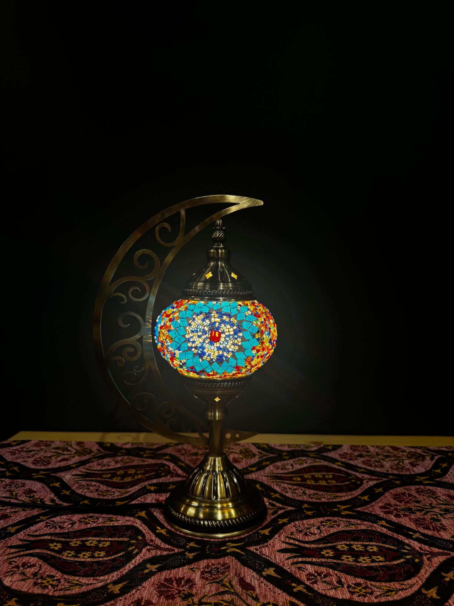 Sapphire & Ruby Turkish Mosaic Lamp - Crescent Moon EleganceAdd charm to your decor with the Turkish Mosaic Crescent Moon Lamp in vibrant sapphire blue and ruby red mosaics. Elegant 30cm x 25cm design. Shop now!