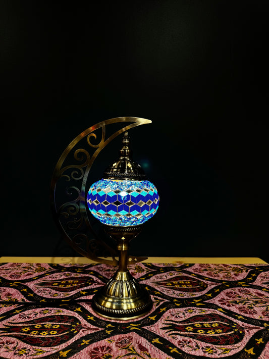 Azure Harmony Turkish Mosaic Lamp - Crescent Moon DesignShop the stunning Azure Harmony Turkish Mosaic Lamp! Features blue, turquoise, and silver geometric mosaics with a crescent moon design. Includes LED bulb. Buy now!