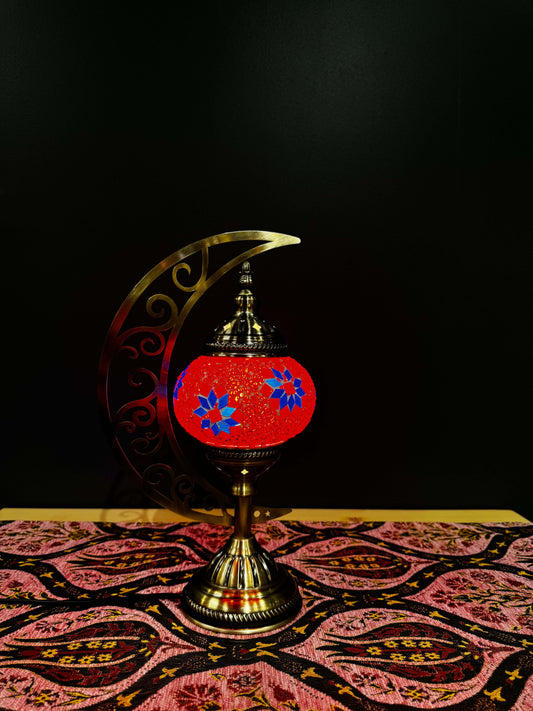 Crimson Bloom Turkish mosaic lamp with red floral design on crescent moon stand, perfect for home decor.