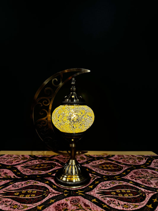 Golden Twilight Turkish Mosaic Lamp with crescent moon design, showcasing warm golden hues and intricate mosaic details.