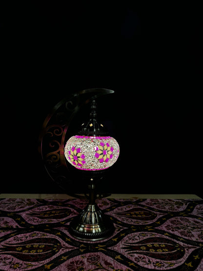 Pink Blossom Turkish Mosaic Lamp with crescent moon design, featuring floral patterns and an elegant black background.