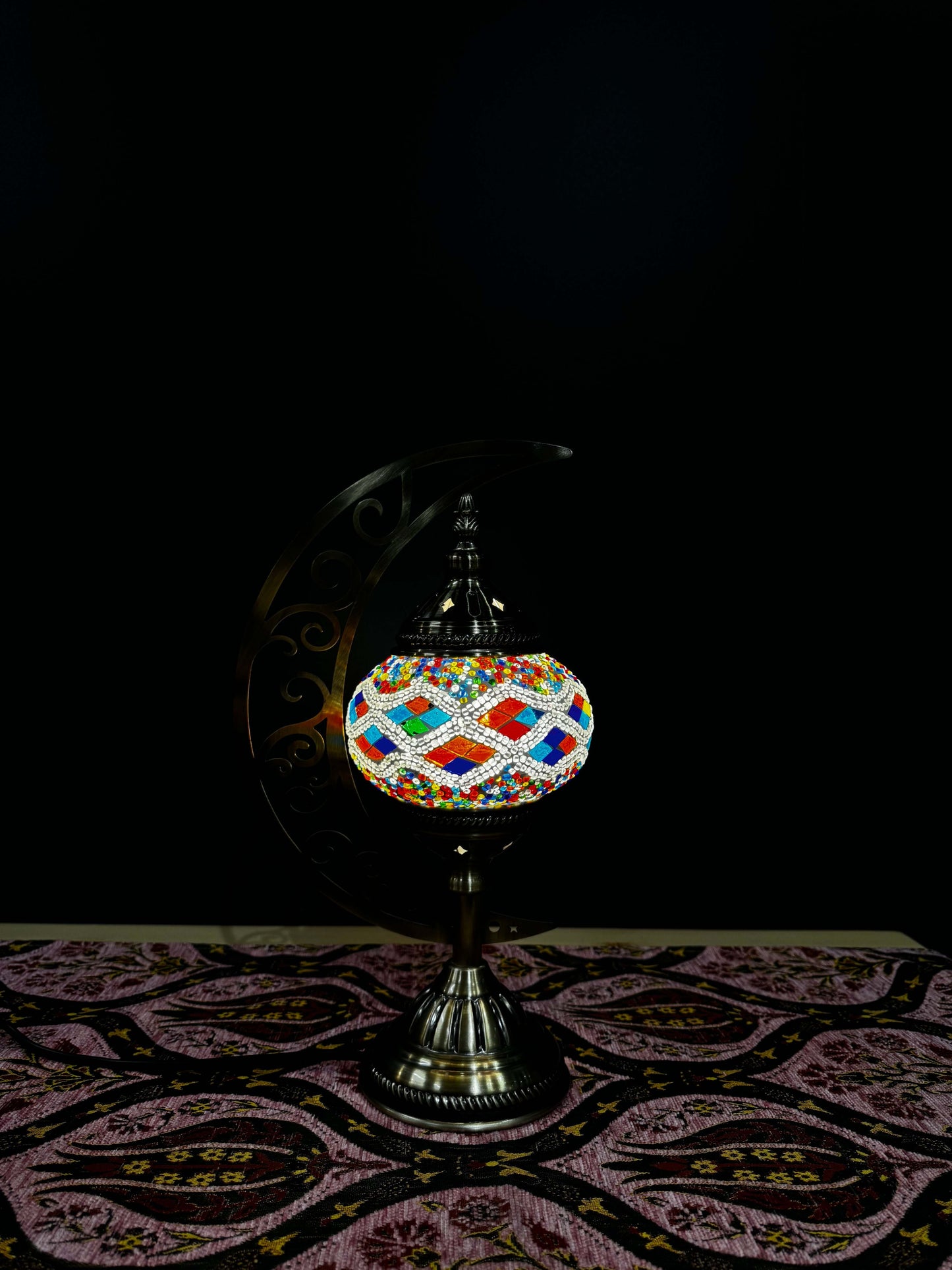 Diamond Gleam Turkish Mosaic Lamp - Crescent Moon Design