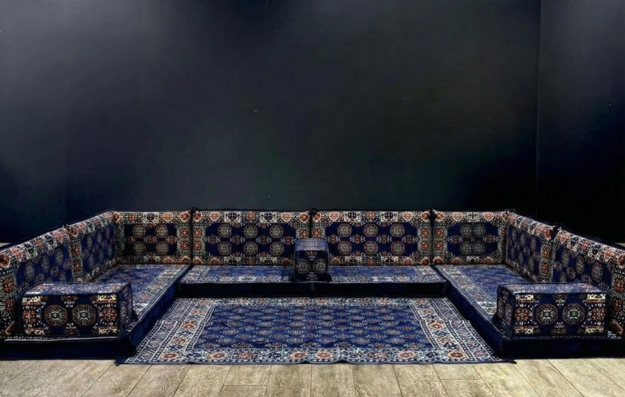 Navy Diamond U-Shape Majlis Sofa Set featuring elegant geometric patterns and deep navy tones.