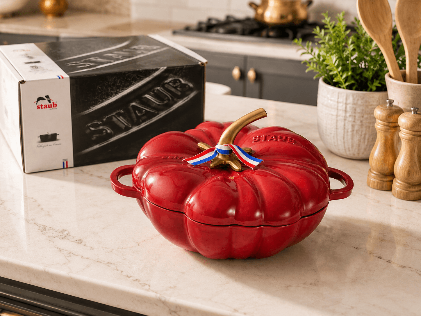 Staub pumpkin cocotte casserole pot in red on kitchen counter, showcasing its elegant design and performance features.
