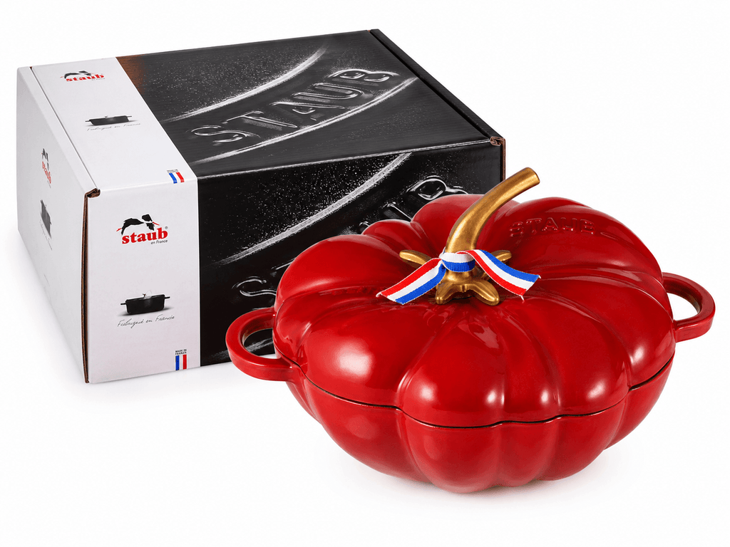 Staub pumpkin cocotte casserole pot in red with lid and packaging, made in France.